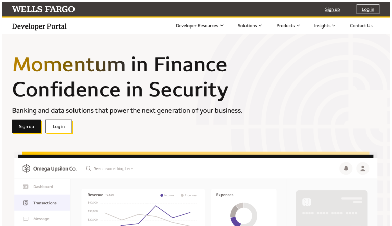 Wells Fargo Developer Portal homepage hero.
