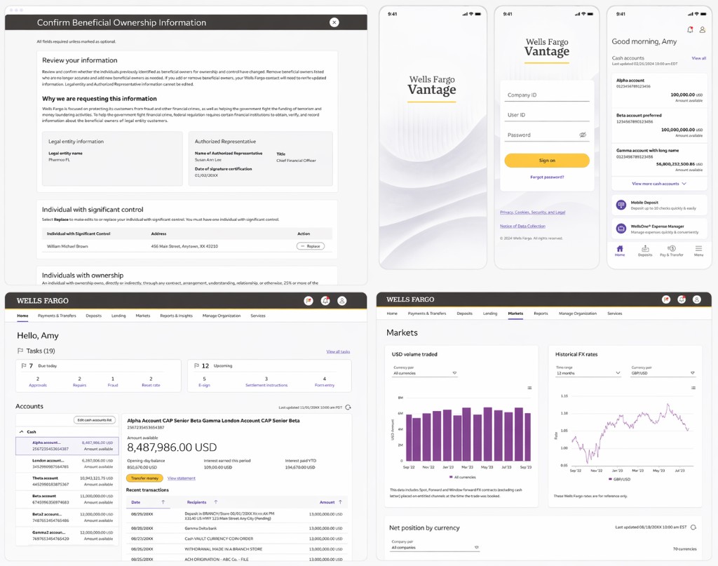 Wells Fargo Vantage product experience screens across web and mobile.